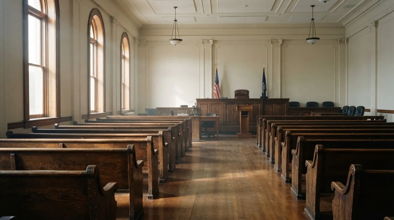 Een lege rechtszaal met houten banken in het ochtendlicht