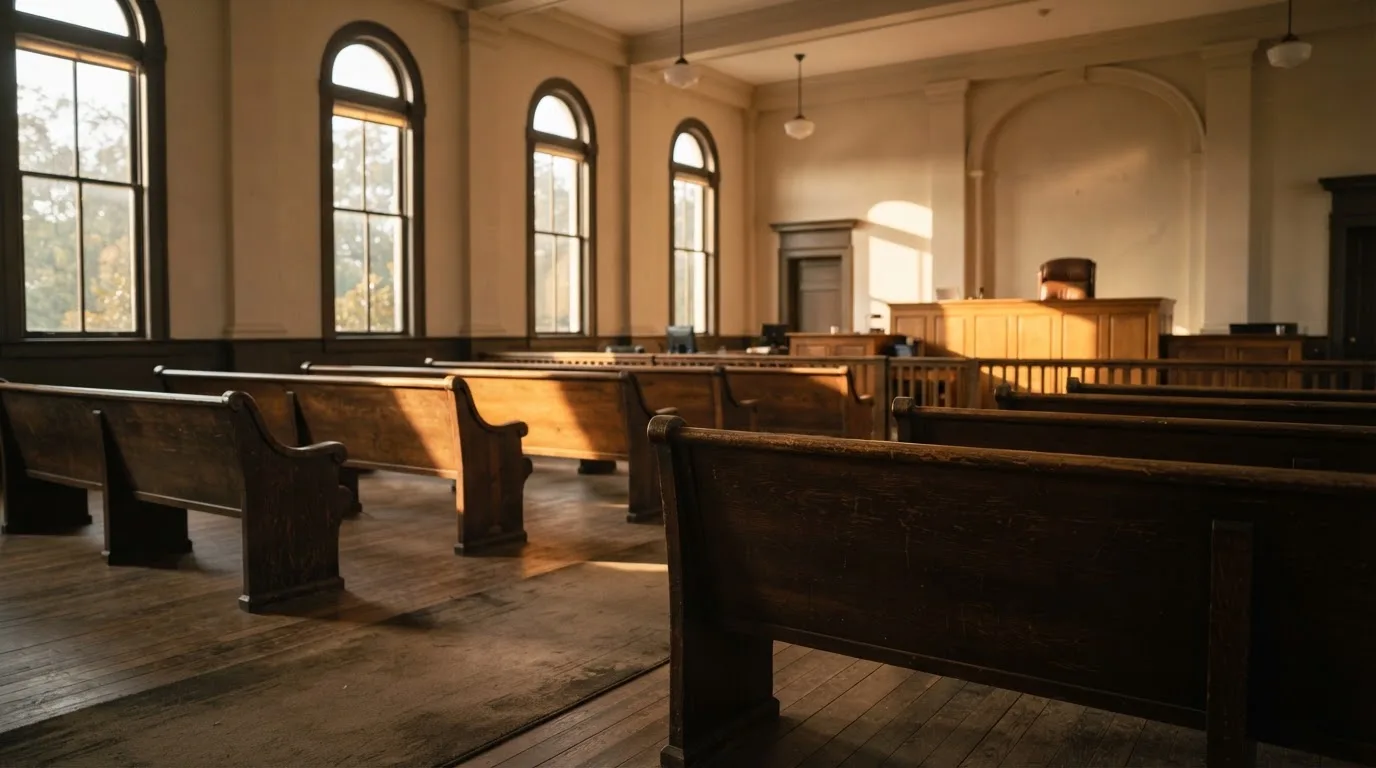 Een lege rechtszaal met houten banken in het ochtendlicht