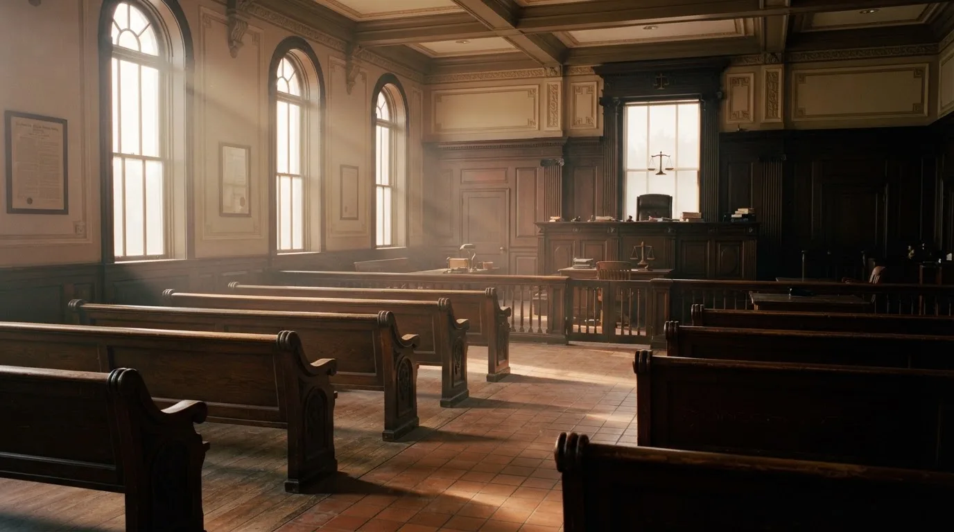 Een lege rechtszaal met houten banken in het ochtendlicht
