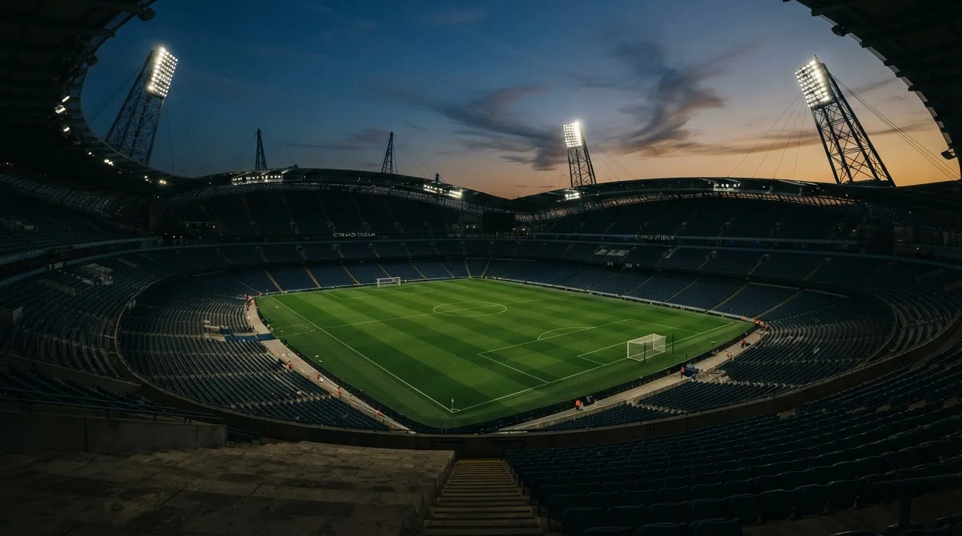 Een leeg voetbalstadion met lichtmasten bij schemering