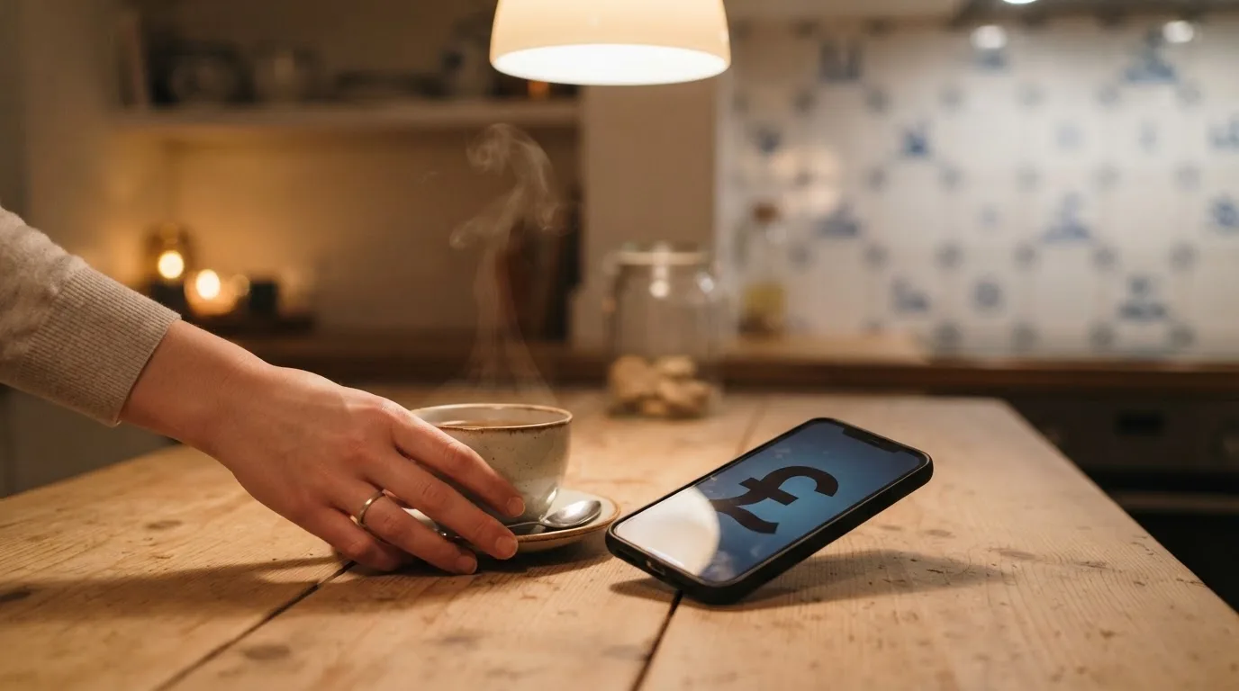 Een hand legt een smartphone naast een kopje thee op een keukentafel, een rustige avond