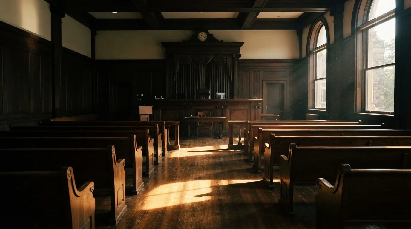 Een lege rechtszaal met houten banken in het ochtendlicht