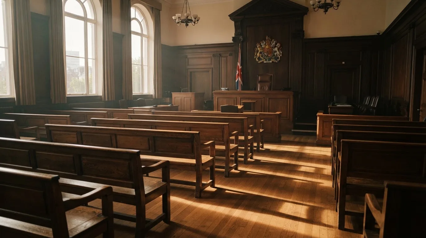 Een lege rechtszaal met houten banken in het ochtendlicht