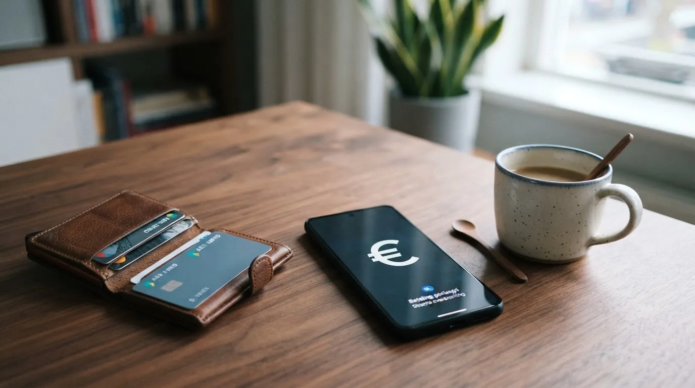 Een smartphone op een houten tafel naast een portemonnee en een kopje koffie
