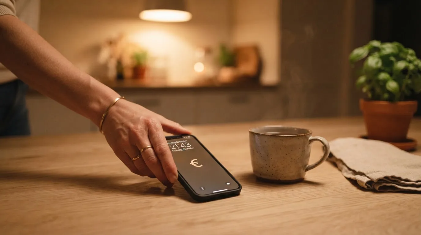 Een hand legt een smartphone naast een kopje thee op een keukentafel, een rustige avond