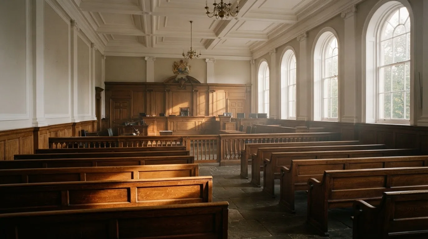 Een lege rechtszaal met houten banken in het ochtendlicht