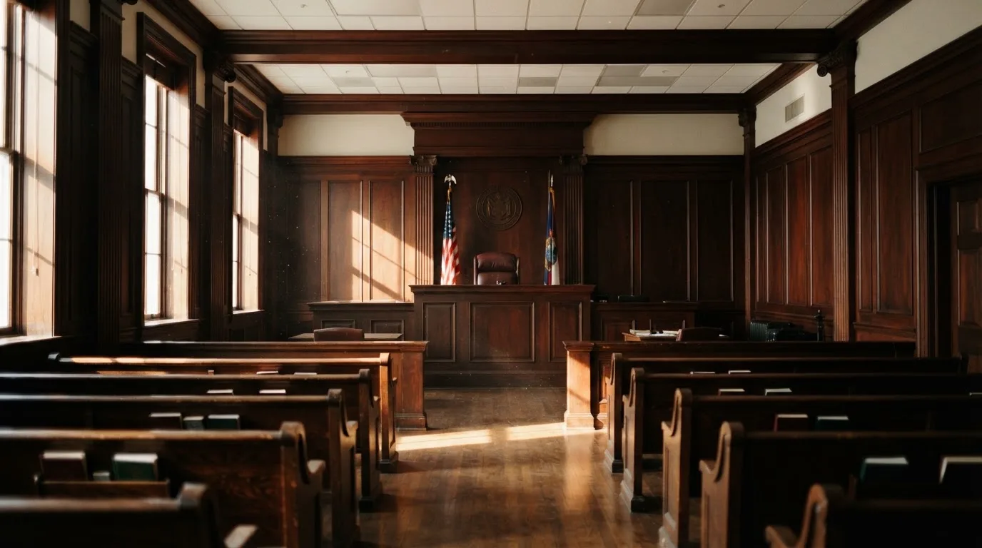 Een lege rechtszaal met houten banken in het ochtendlicht