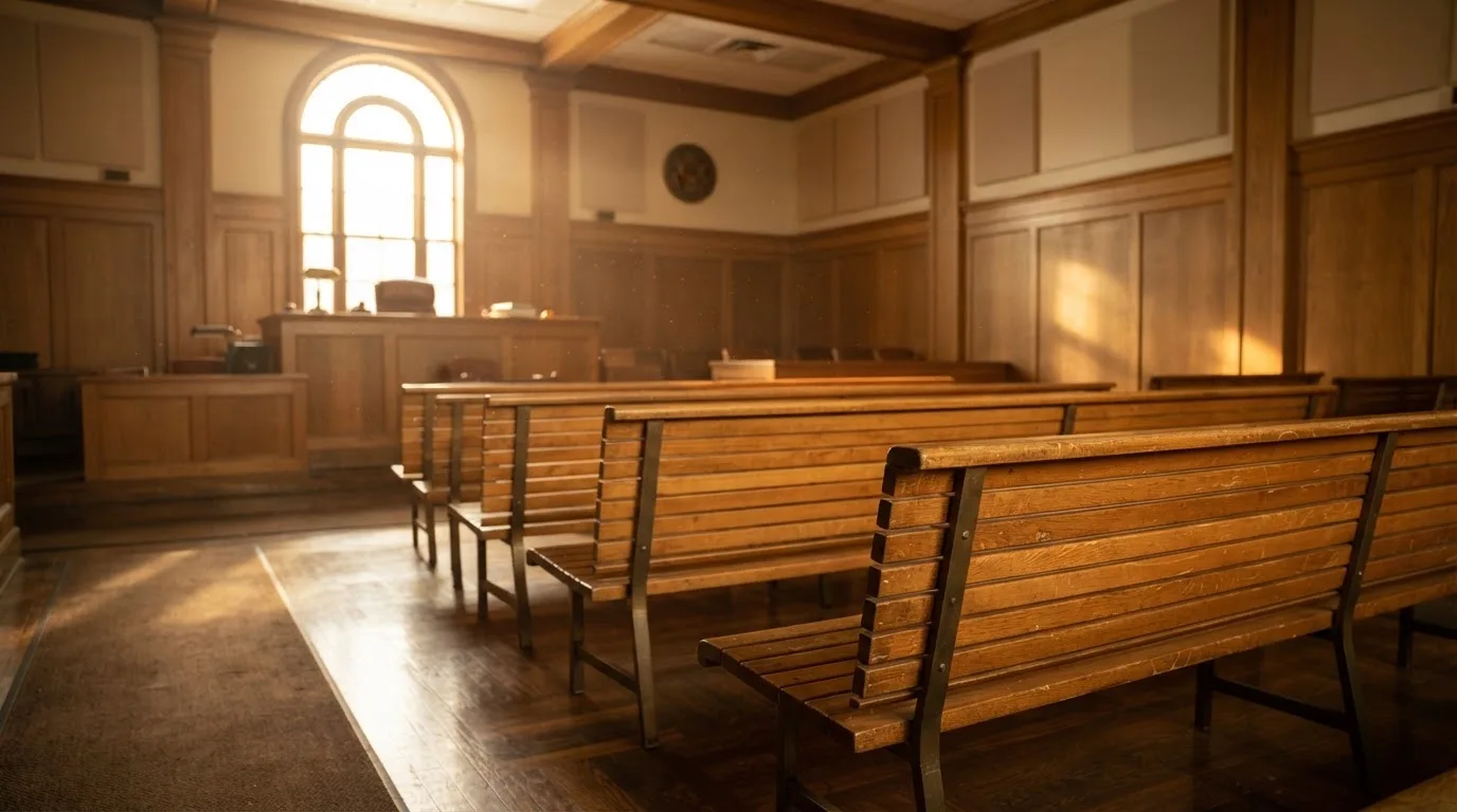 Een lege rechtszaal met houten banken in het ochtendlicht