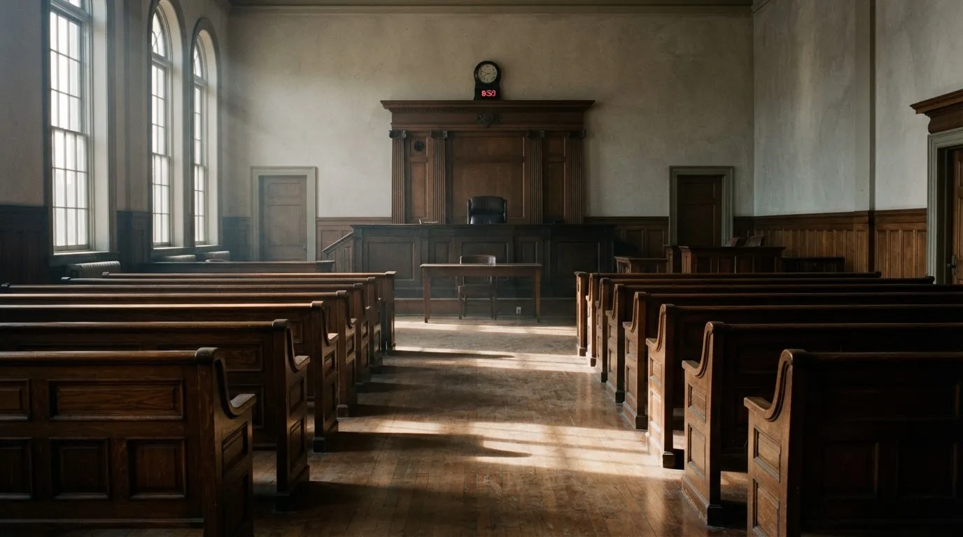 Een lege rechtszaal met houten banken in het ochtendlicht
