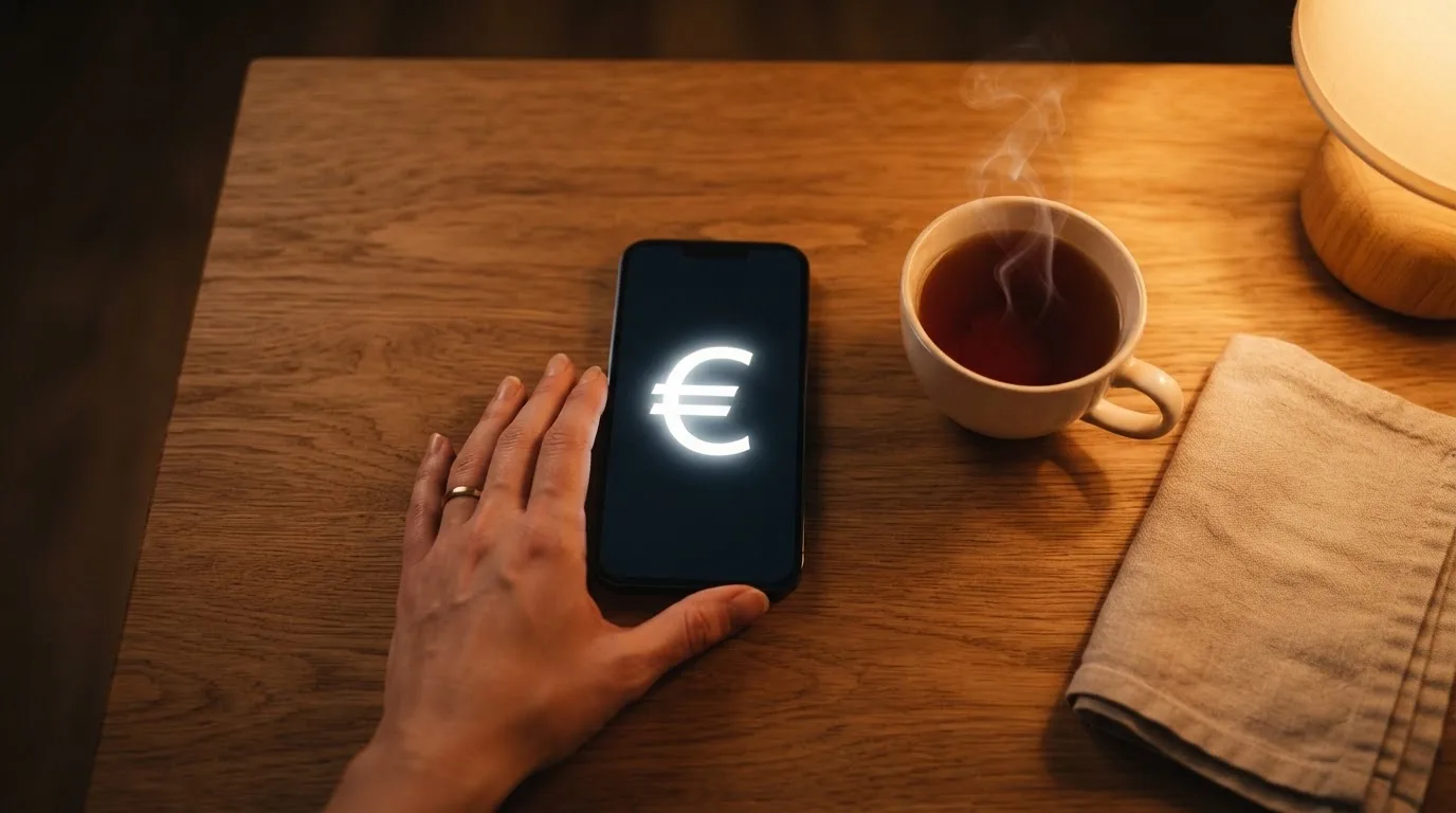 Een hand legt een smartphone naast een kopje thee op een keukentafel, een rustige avond