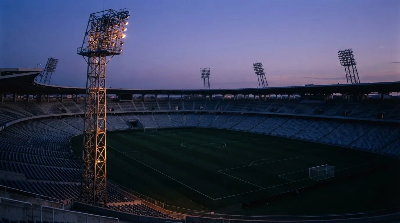 Een leeg voetbalstadion met lichtmasten bij schemering