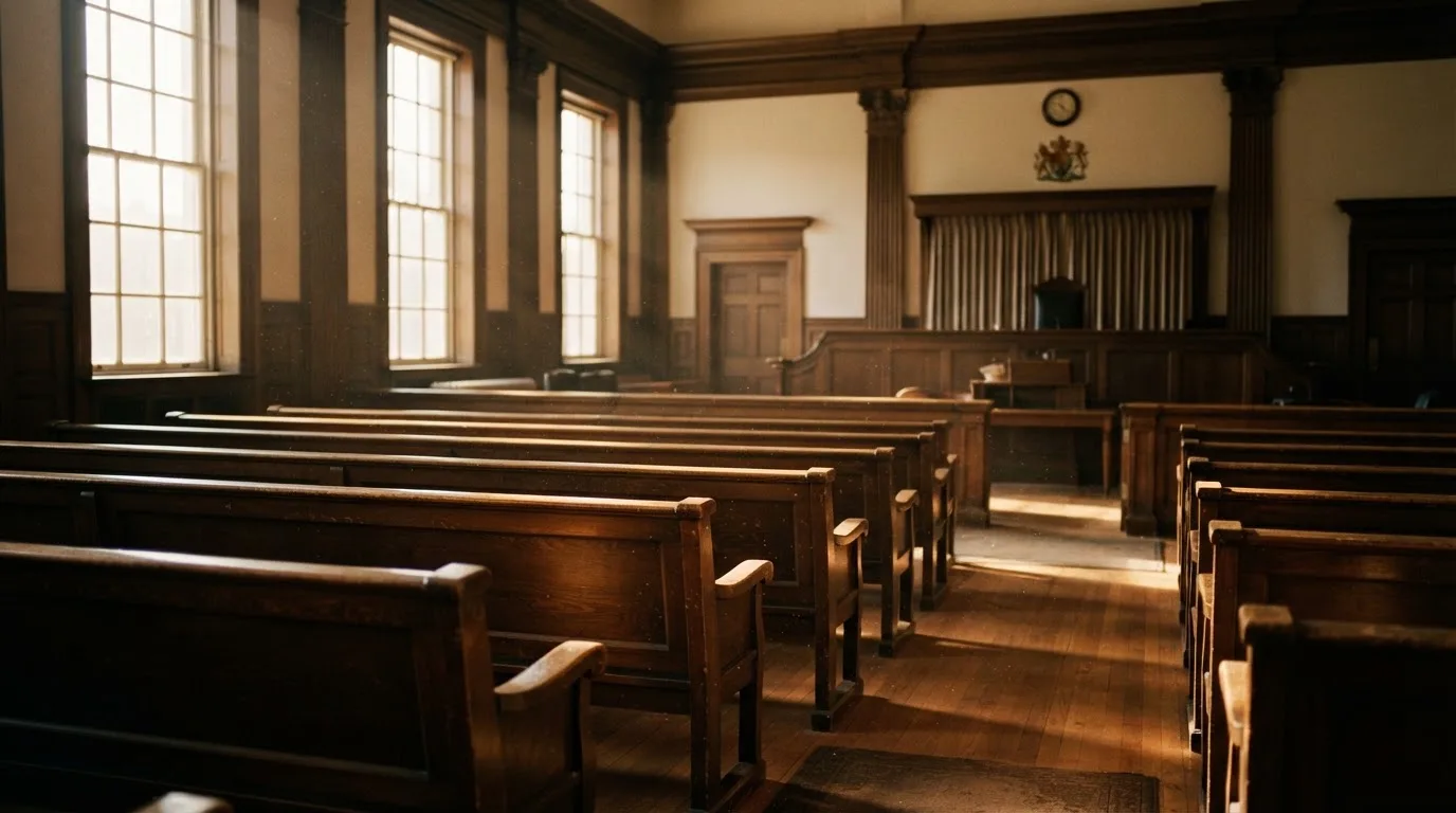 Een lege rechtszaal met houten banken in het ochtendlicht