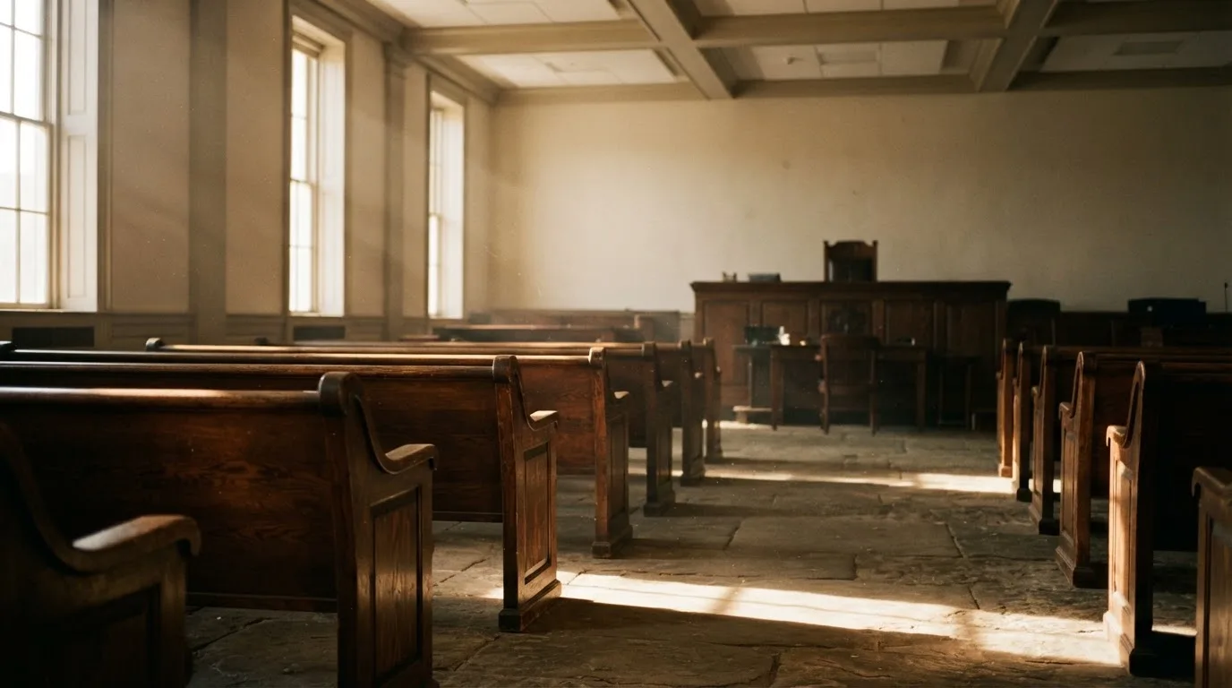 Een lege rechtszaal met houten banken in het ochtendlicht
