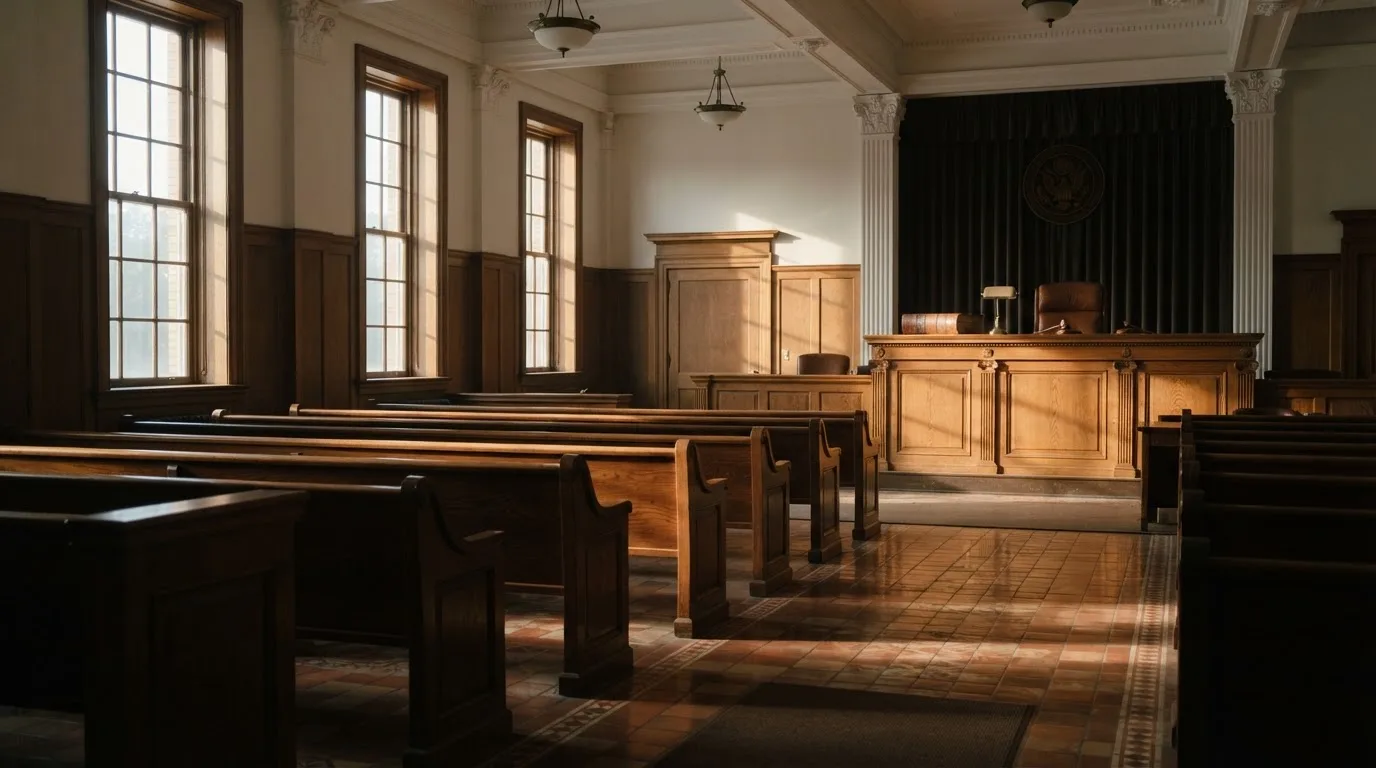 Een lege rechtszaal met houten banken in het ochtendlicht