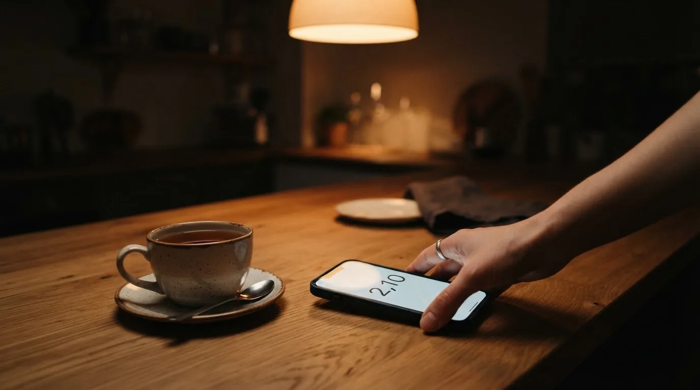 Een hand legt een smartphone naast een kopje thee op een keukentafel, een rustige avond