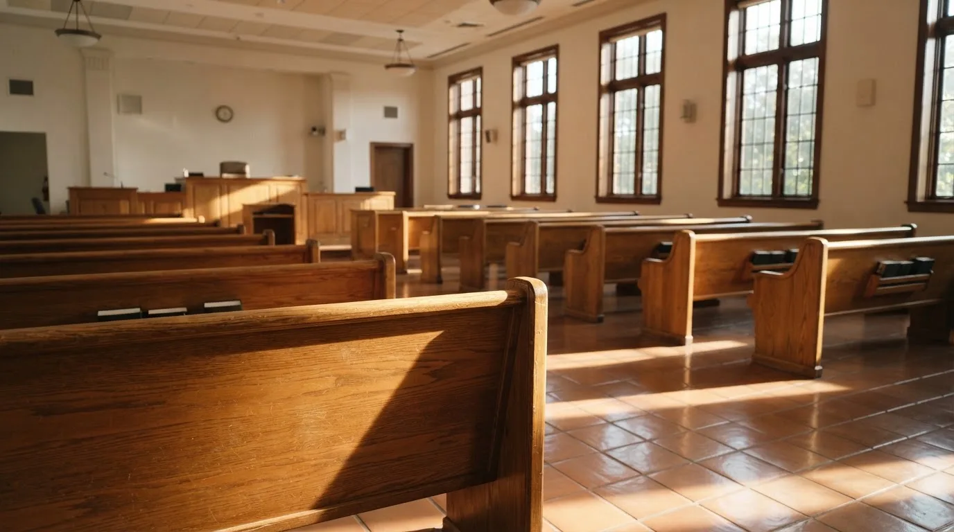 Een lege rechtszaal met houten banken in het ochtendlicht