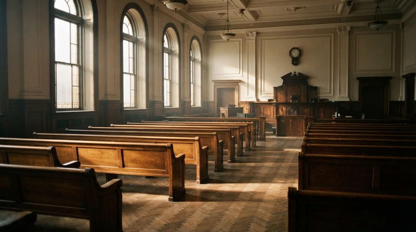 Een lege rechtszaal met houten banken in het ochtendlicht
