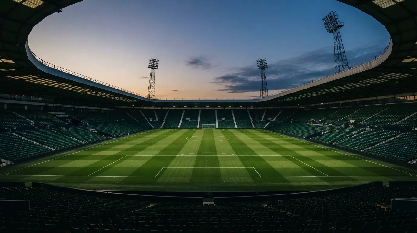 Een leeg voetbalstadion met lichtmasten bij schemering