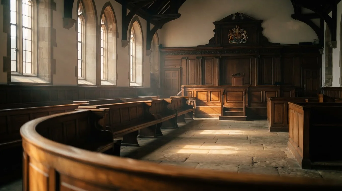 Een lege rechtszaal met houten banken in het ochtendlicht