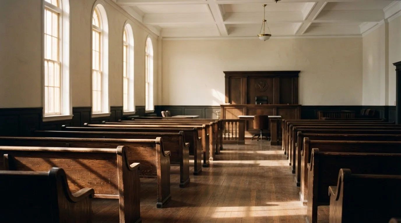 Een lege rechtszaal met houten banken in het ochtendlicht