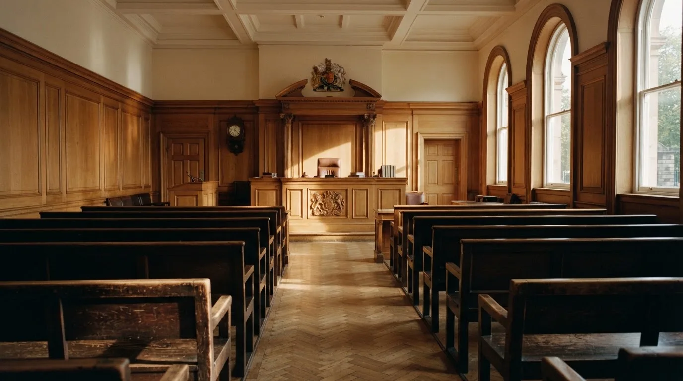 Een lege rechtszaal met houten banken in het ochtendlicht