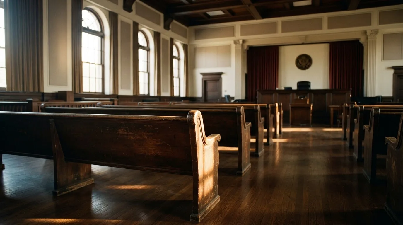 Een lege rechtszaal met houten banken in het ochtendlicht