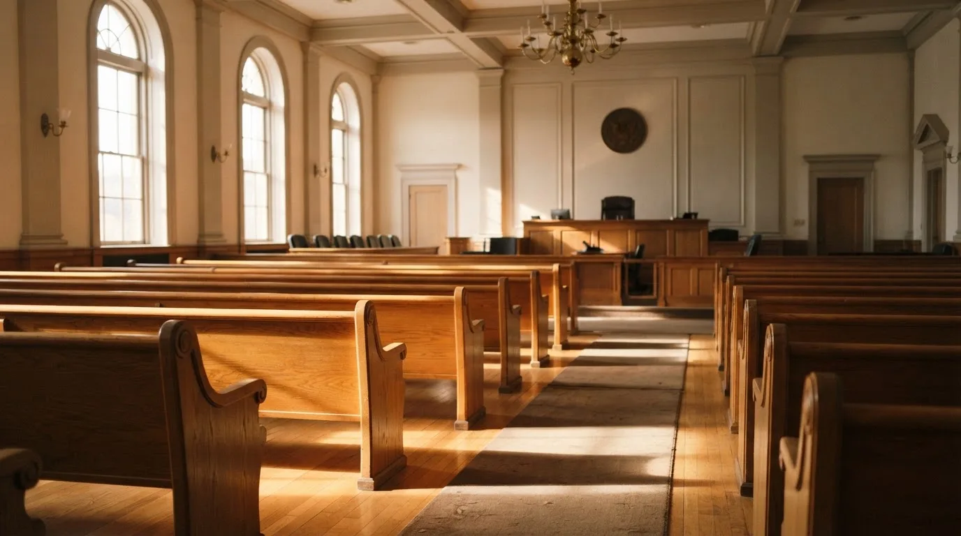 Een lege rechtszaal met houten banken in het ochtendlicht