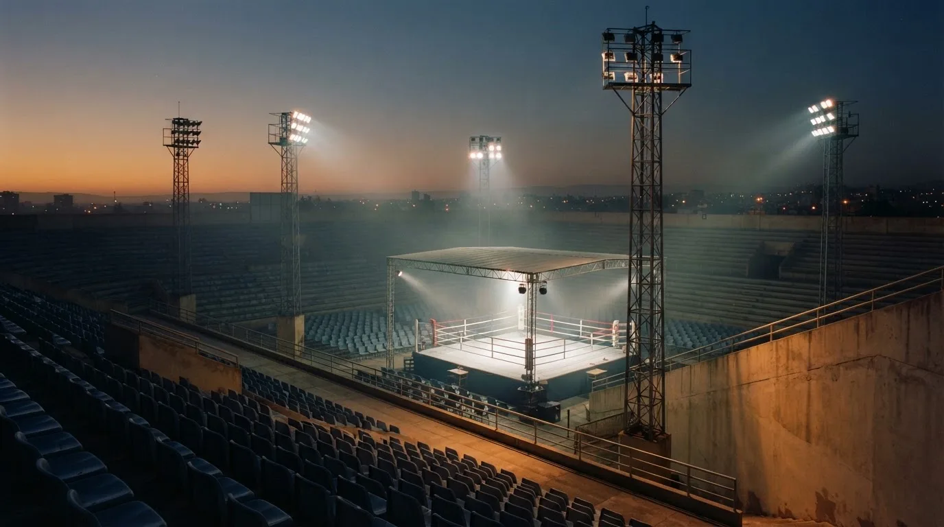 Een leeg voetbalstadion met lichtmasten bij schemering