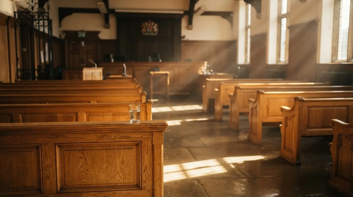 Een lege rechtszaal met houten banken in het ochtendlicht