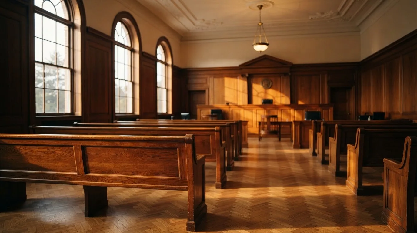 Een lege rechtszaal met houten banken in het ochtendlicht