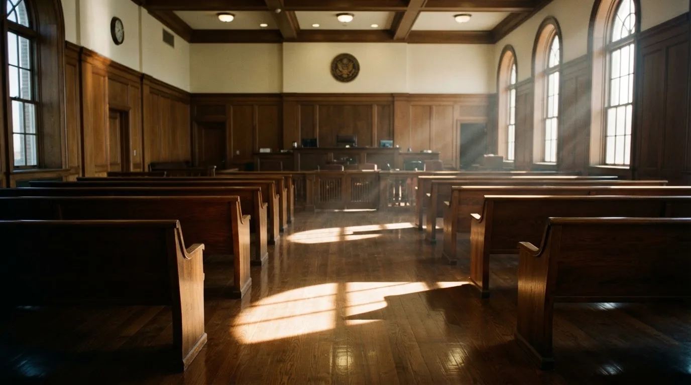 Een lege rechtszaal met houten banken in het ochtendlicht